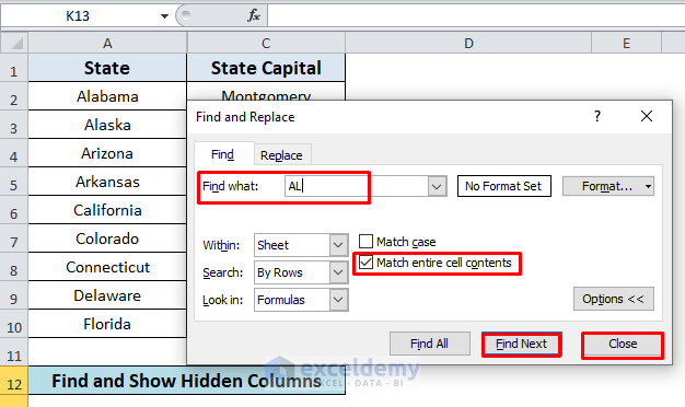 Unhide Columns in Excel Using Find & Replace