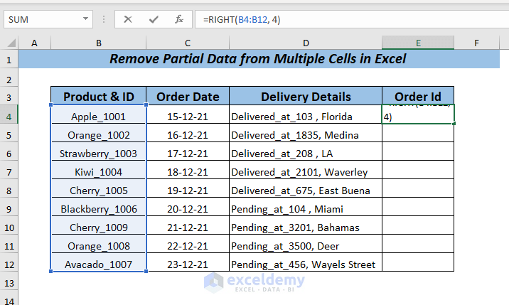 Using the RIGHT Function to Remove Partial Data from Multiple Cells