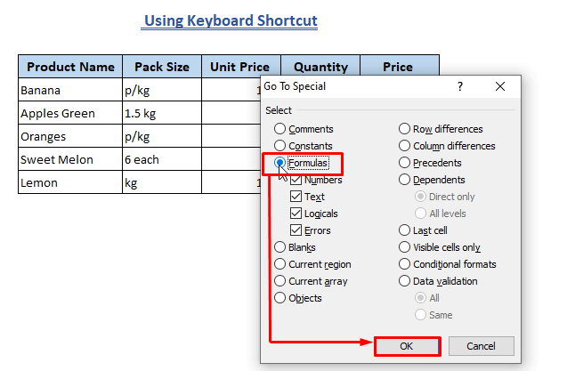 Find and Clear Formula from Excel Using Keyboard Shortcut-Find cells with formulas