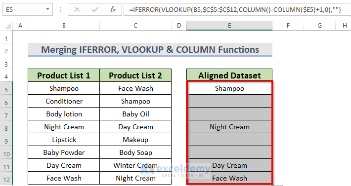 Merging IFERROR, VLOOKUP & COLUMN Functions to Extract Similar Values from Two Sets of Data