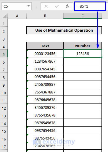 mathematical operation to convert text to number bulk in excel
