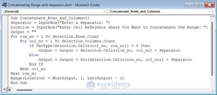 Code for Concatenating both row and column values