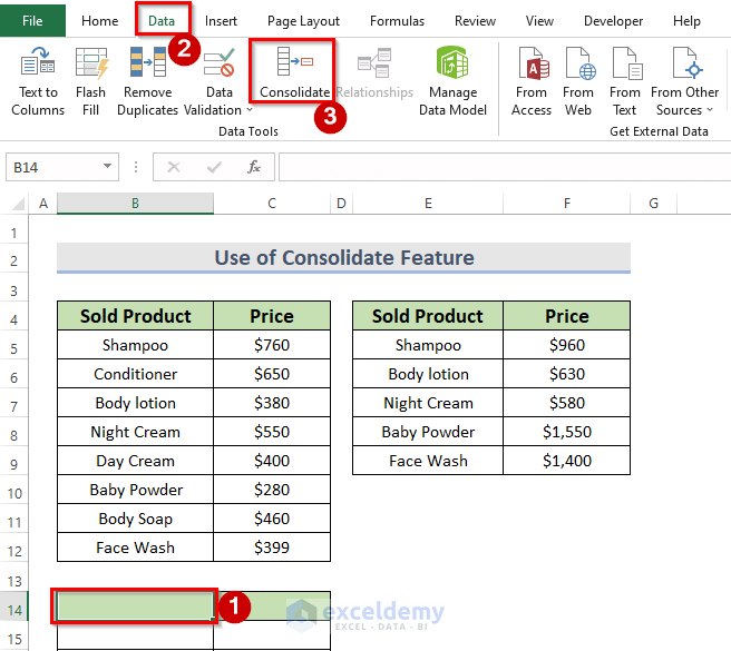 Use of Consolidate Feature under Data Tab