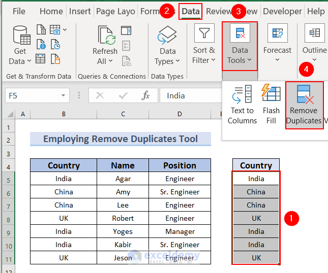 Selecting the Remove Duplicates Tool to delete duplicates but keeping one value in Excel