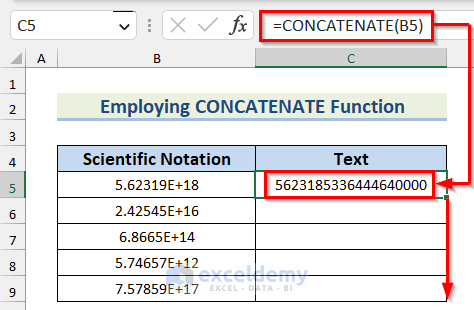 Using CONCATENATE function to convert scientific notation to text
