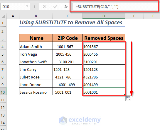 Using SUBSTITUTE Function to Remove All Spaces