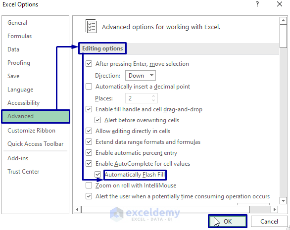 Enable Flash Fill feature from the Excel options