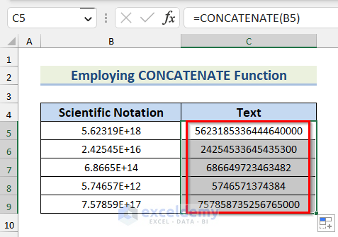 Results found after using CONCATENATE function