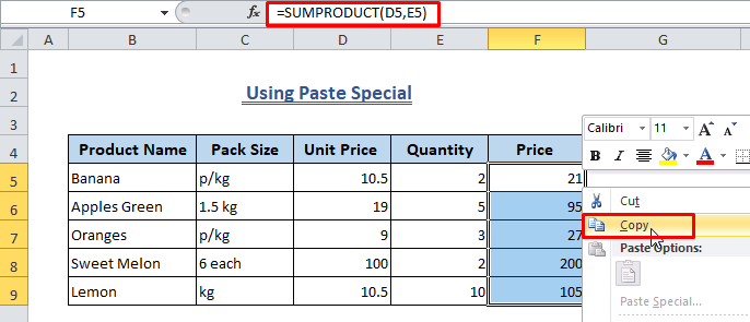 Erase Formula Using Paste Special in Excel-Copy Cells with Formulas