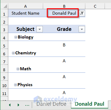 Splitting Excel sheet using Pivot Table for “Donald Paul”