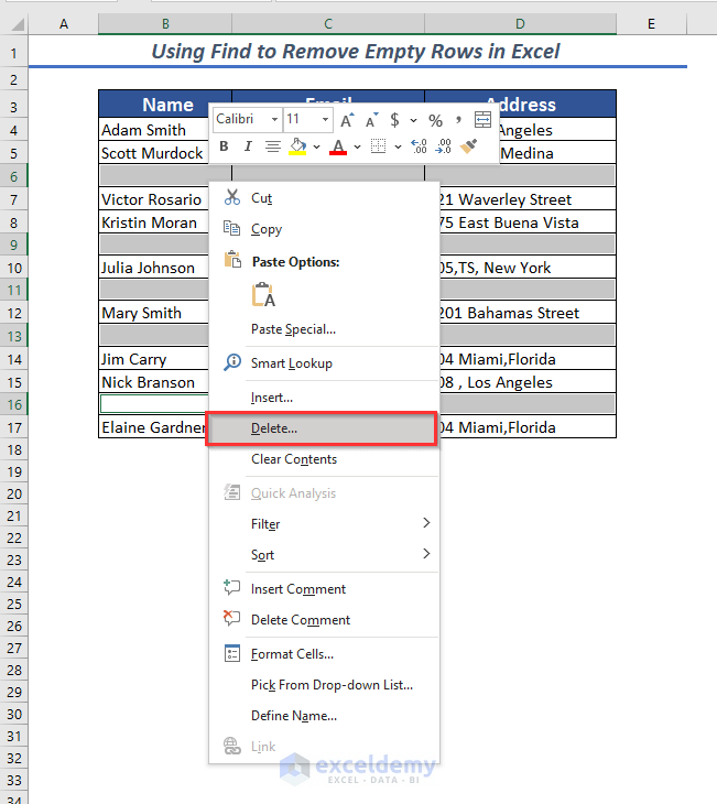 Click on Delete to Apply Find Feature to Remove Empty Rows