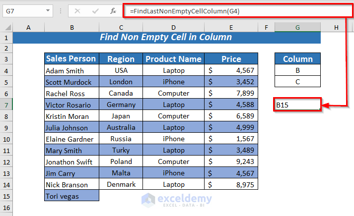 Find Non Empty Cell in Column using VBA