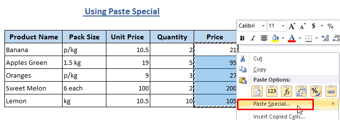Erase Formula Using Paste Special in Excel-Paste as Values