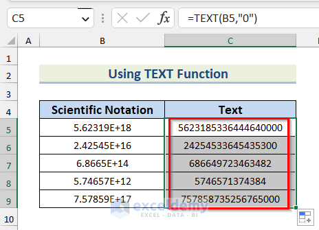 Results found after using TEXT function
