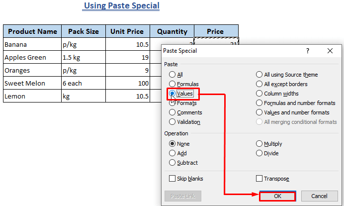 Erase Formula Using Paste Special in Excel-Paste as Values