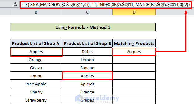 Align Matching Values in Two Columns in Excel using Formulas
