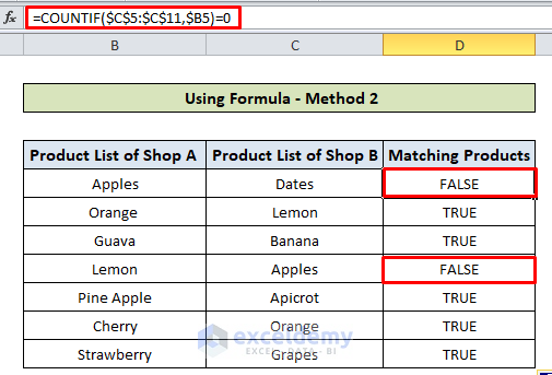 Align Matching Values in Two Columns in Excel using Formula