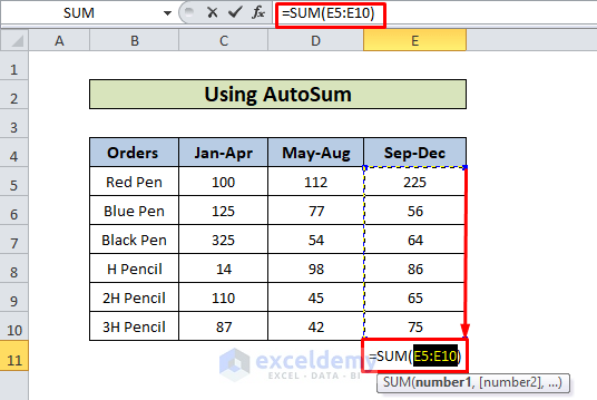 sum Columns in Excel using Autosum