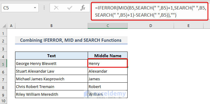 Extracting middle name by applying several Excel functions