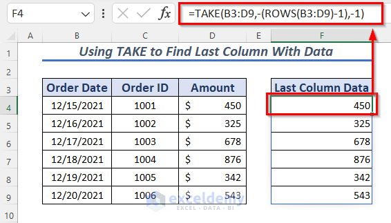 Using Excel TAKE & ROWS to Find Last Column With Data