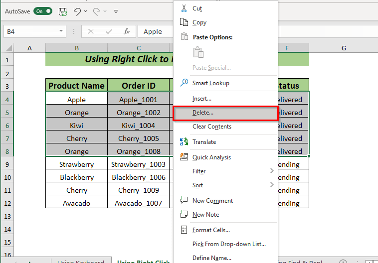 Using Sort with Right Click to Remove Value in Excel