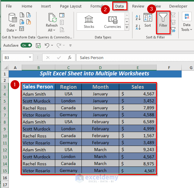Using Filter and Copy to Split Excel Sheet into Multiple Worksheets