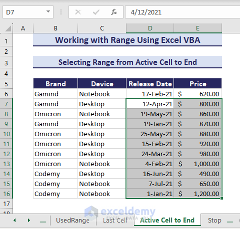 Selecting range from active cell to end using VBA range property