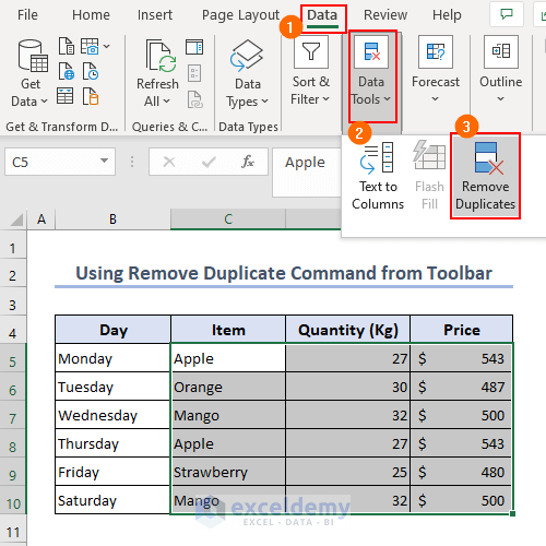 Using remove duplicates command from toolbar (2)