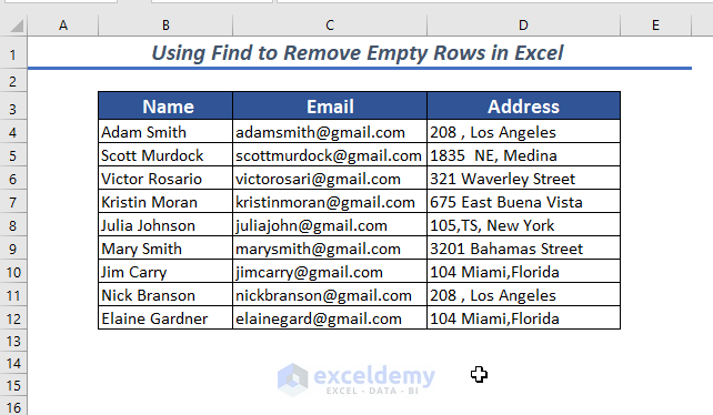 Output After Using Find to Remove Empty Rows in Excel