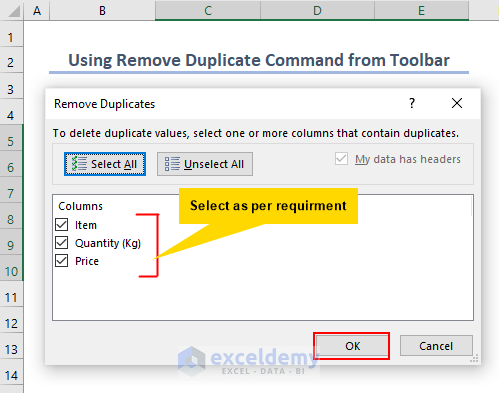 Remove duplicates dialog box pops up