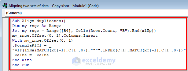 VBA Code for Aligning two sets of Data