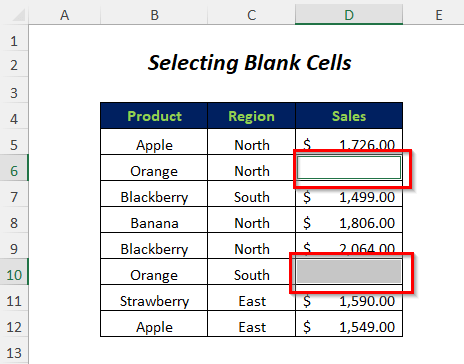 selecting blank cells