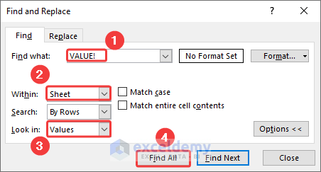 23-Setting criteria in Find and Replace tool to find VALUE errors