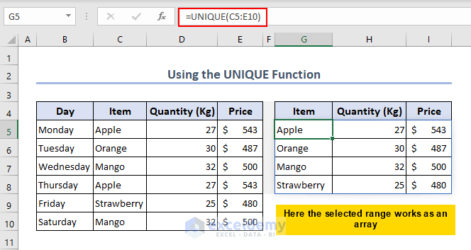 Using UNIQUE function
