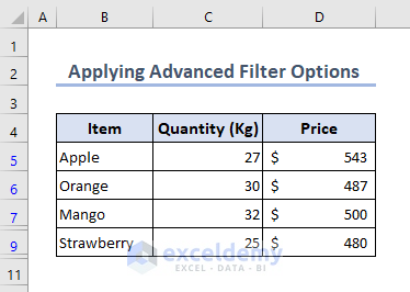 The final output of applying advanced filter options