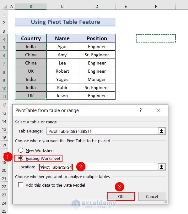 Selecting items in the PivotTable form table or range dialog box
