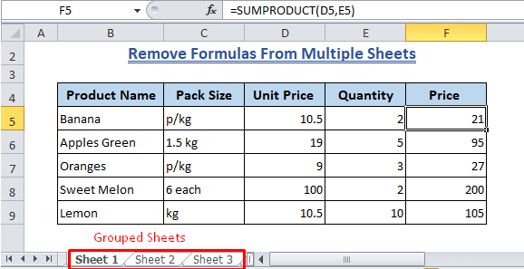 . Get Rid of Formula From Multiple Excel Sheets(Just One Click)-Grouped Sheets
