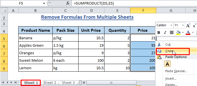 . Get Rid of Formula From Multiple Excel Sheets(Just One Click)-Copy Cells with Formulas