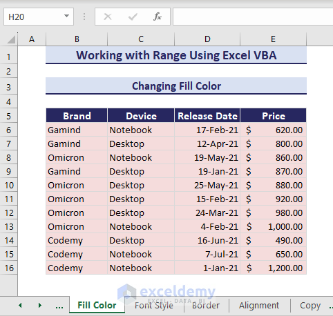 Changing fill color using VBA range object output