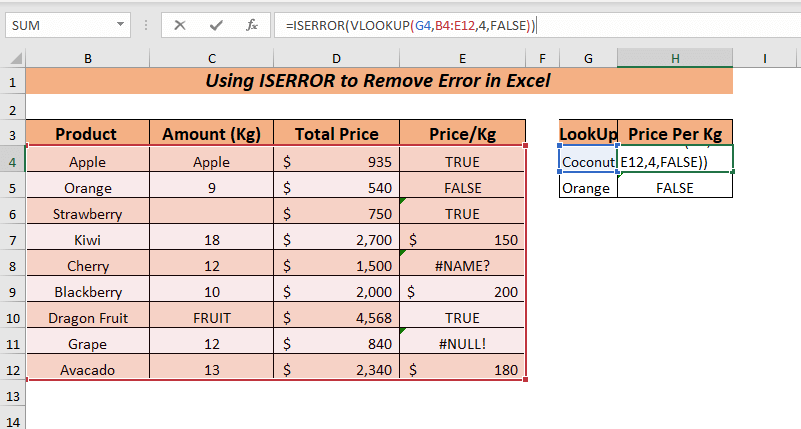 Using the ISERROR Function to Remove Error
