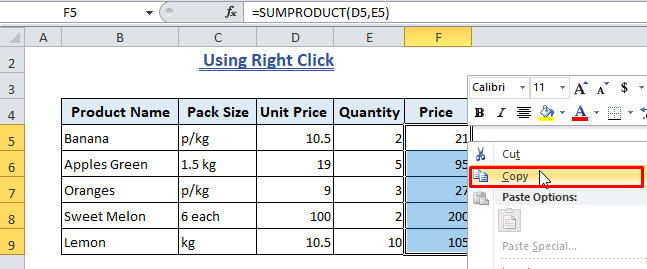 Clear Formula from Excel using Right Click-Copy Cells with Formulas