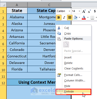 Unhide Columns in Excel