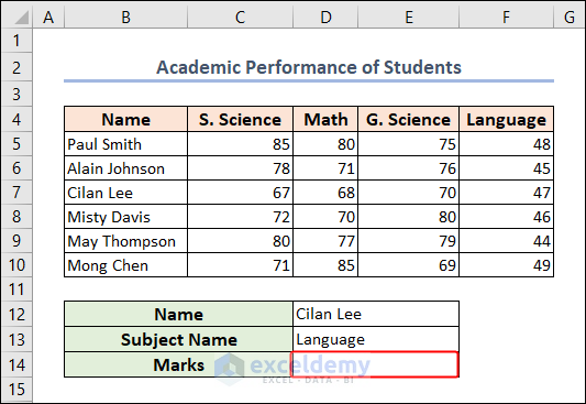 Finding mark of specific student in a certain subject in Excel