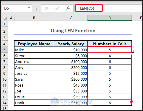 Using LEN Function to count numbers in a cell in Excel