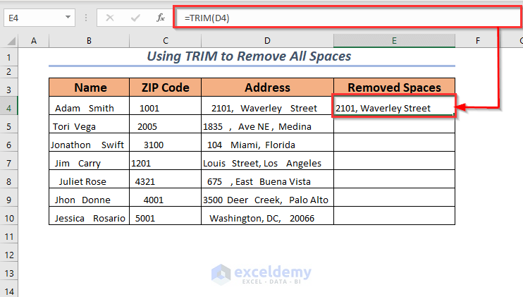 Using TRIM Function to Remove All Spaces