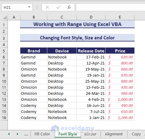 Changing font style, size and color using VBA range object