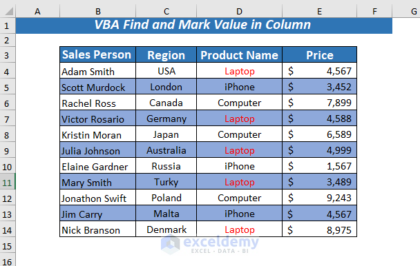 Find and Mark in Column using VBA