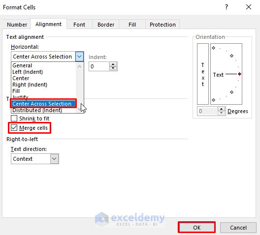 Set the alignment and merge cells in the Format Cells dialog cells 
