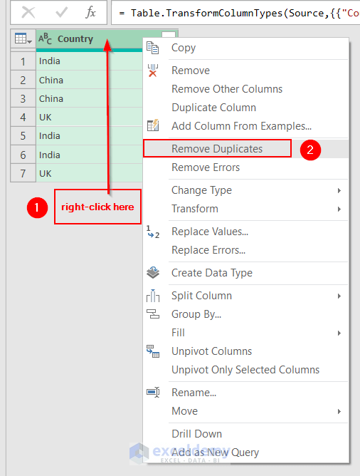 Selecting Remove Duplicates from Power Query