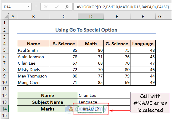 cell with name error selected in Excel